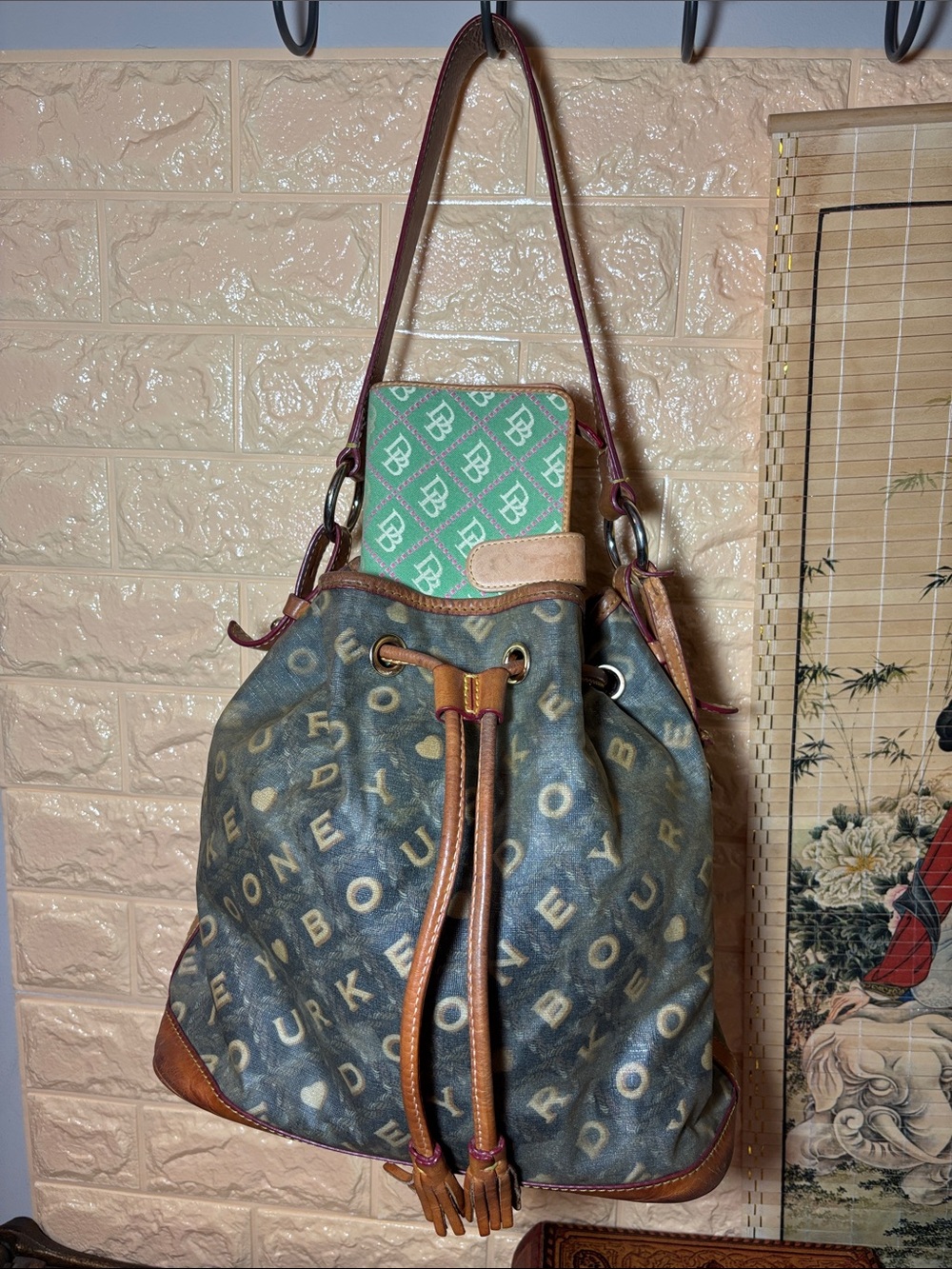 Dooney & Bourke Brown Leather Trim Green Monogram Bucket Bag w Mint Pink Wallet